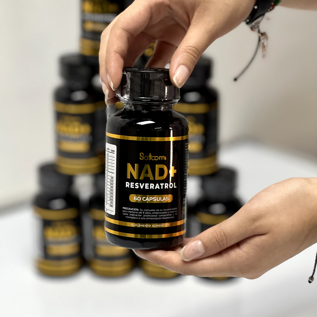 Resveratrol Nad Satoomi X60 Cap supplement bottle being held, featuring advanced formula for cellular health and vitality.