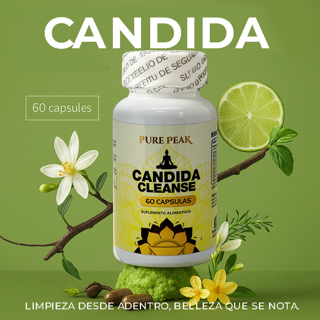 CANDIDA CLEANSE supplement bottle with natural ingredients arrangement, 60 capsules.