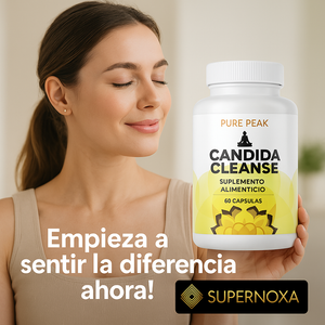 CANDIDA CLEANSE® supplement bottle held by a woman, promoting digestive and immune system support.