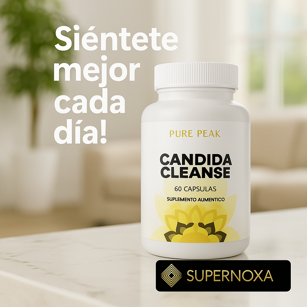 CANDIDA CLEANSE® supplement bottle on a table with text "Siéntete mejor cada día" in the background.