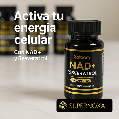 NAD Satoomi X60 supplement bottle for cellular energy boost with NAD+ and Resveratrol.