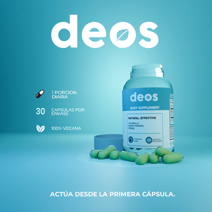 DEOS 30 CAP supplement bottle and capsules on blue background.