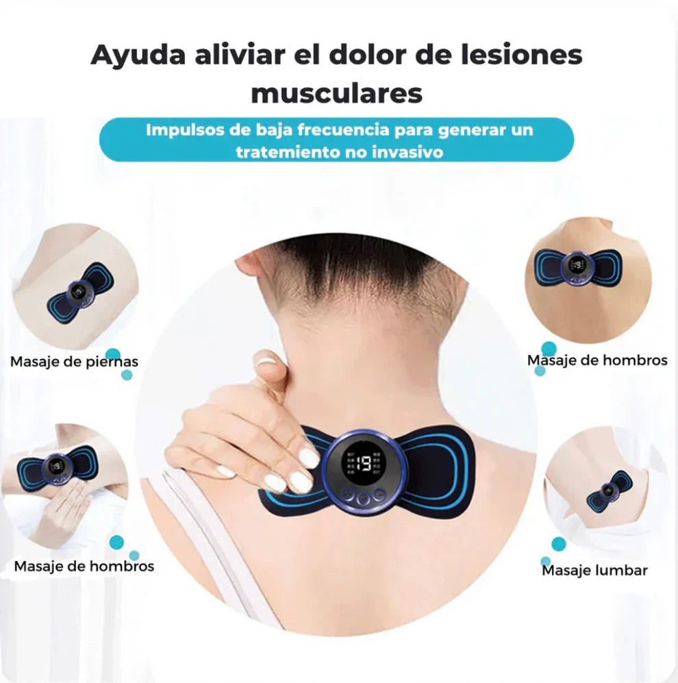Mini masajeador muscular portátil aliviando dolor en hombros y piernas, con impulsos de baja frecuencia.