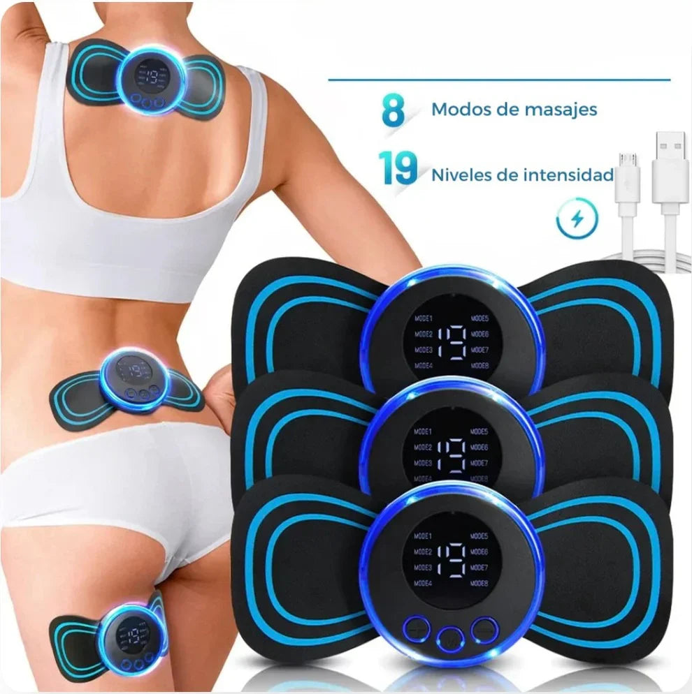Mini masajeador muscular portátil con 8 modos y 19 niveles de intensidad, ideal para cuello, espalda y más.