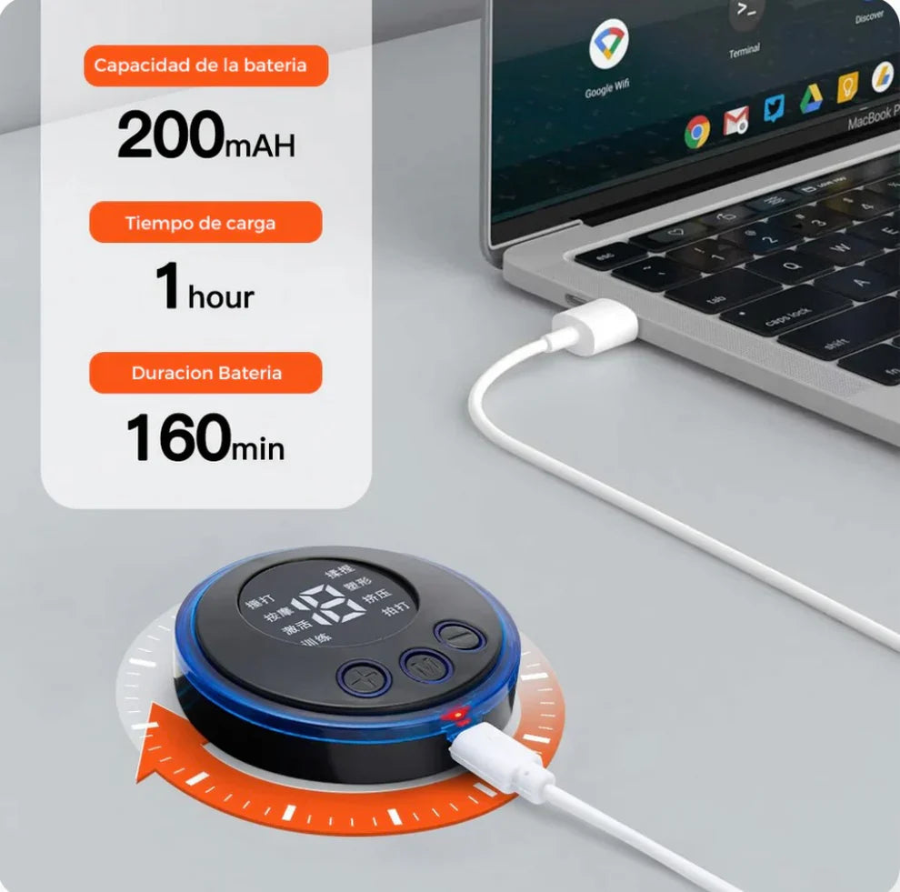 Portable mini massager charging beside a laptop, 200mAh battery capacity, 1-hour charge time, 160-minute duration.