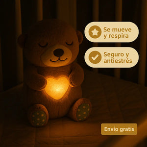 Soft plush toy with a glowing heart, promotes calming movement and natural breathing for babies; labeled "safe and stress-relieving," free shipping.